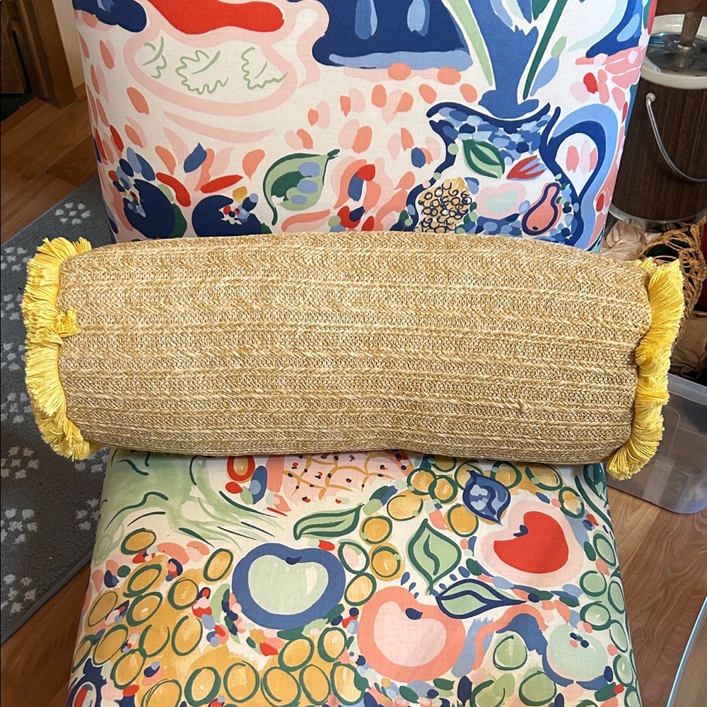 Tommy Bahama Indoor/Outdoor tweed and yellow bolster pillow.  New
